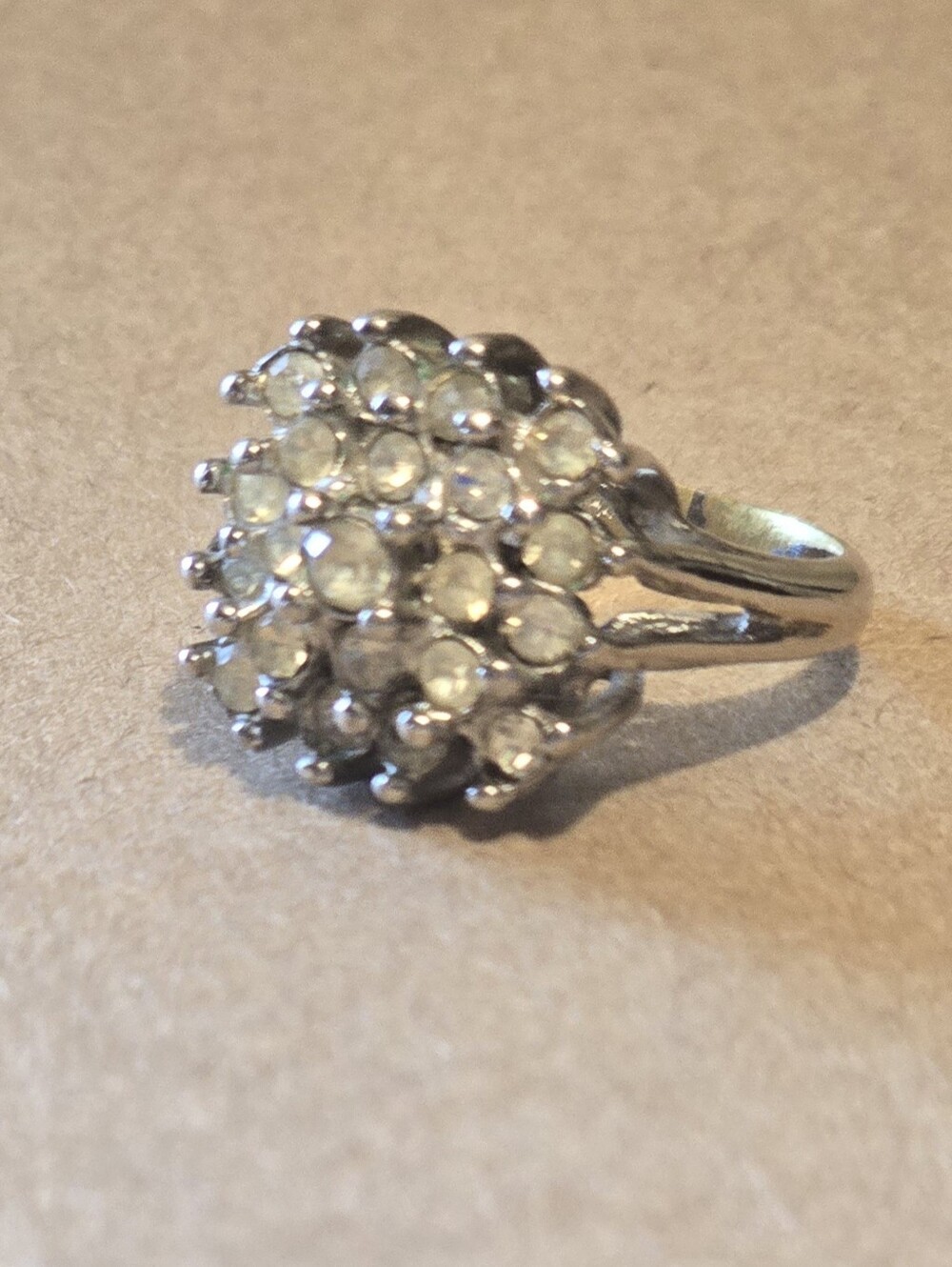 Vintage Cluster Crystal Dome Ring - Silver Tone White Crystals